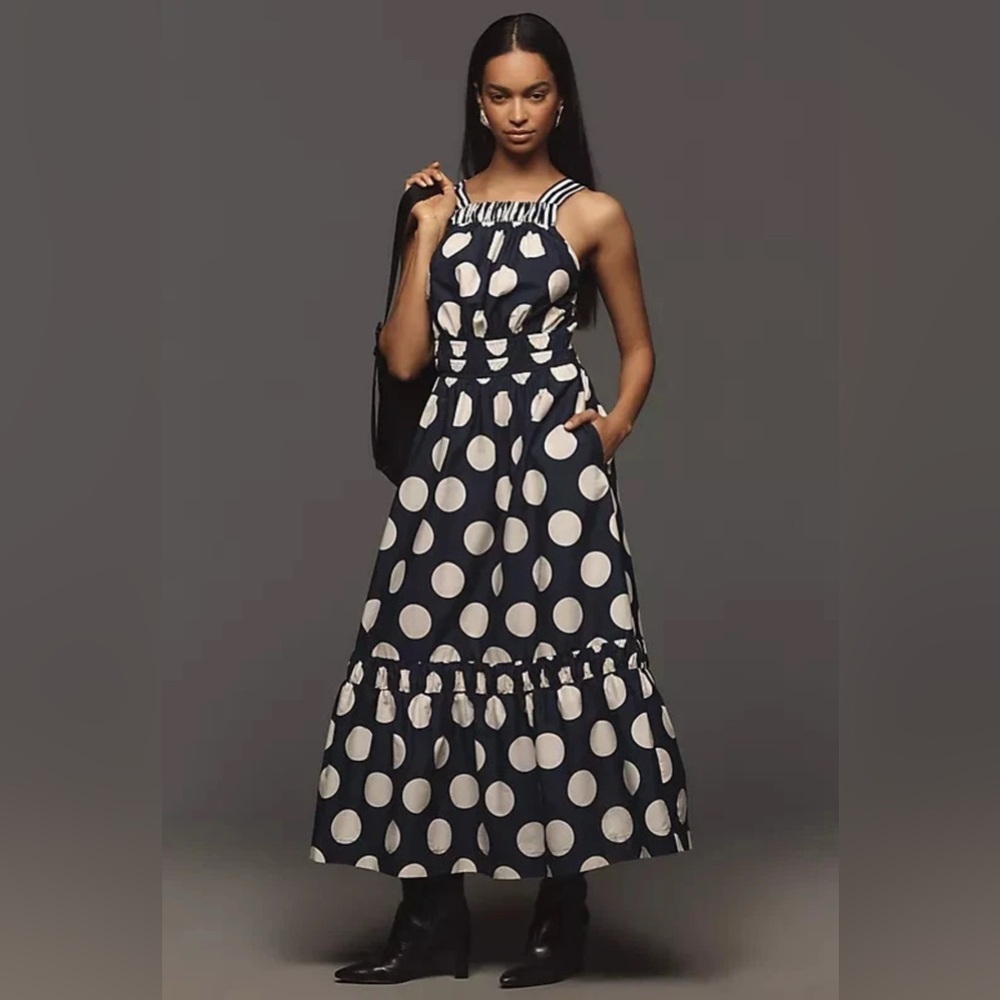 Anthropologie The Somerset Maxi Dress Poplin Tiered Cotton Navy Dot